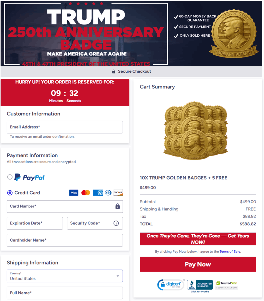 Trump 250th Anniversary Golden Badge Checkout